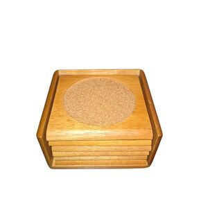 Furio Home Six Piece Wood & Cork Coaster Set With Wooden Caddy Holder 5"X5"X5"